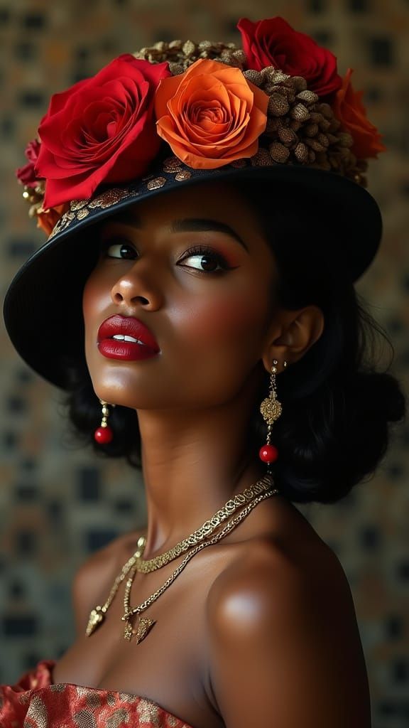 Woman in Ornate Hat, Sensual Klimt-Inspired Portrait