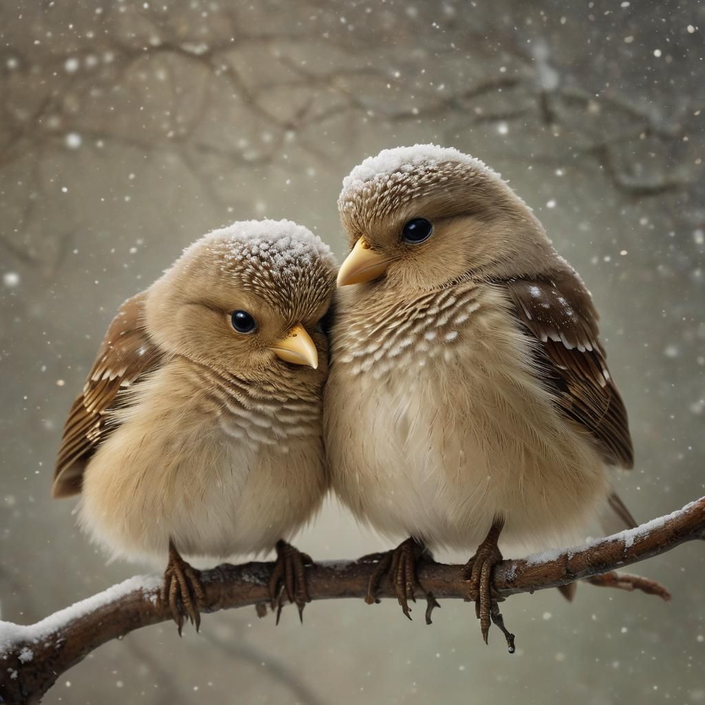 Birds Huddle Together in Winter Snowfall