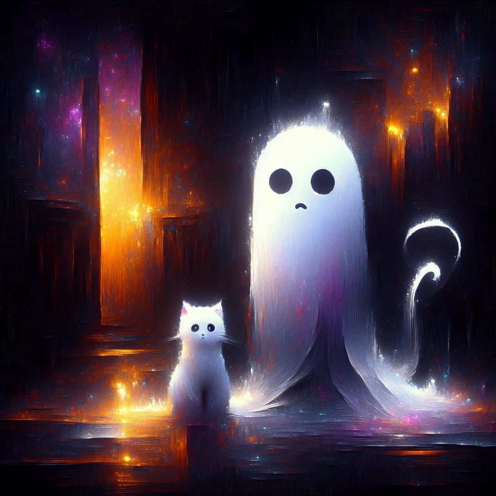 Ghost and Cat in a Black Room, Fantasy Art