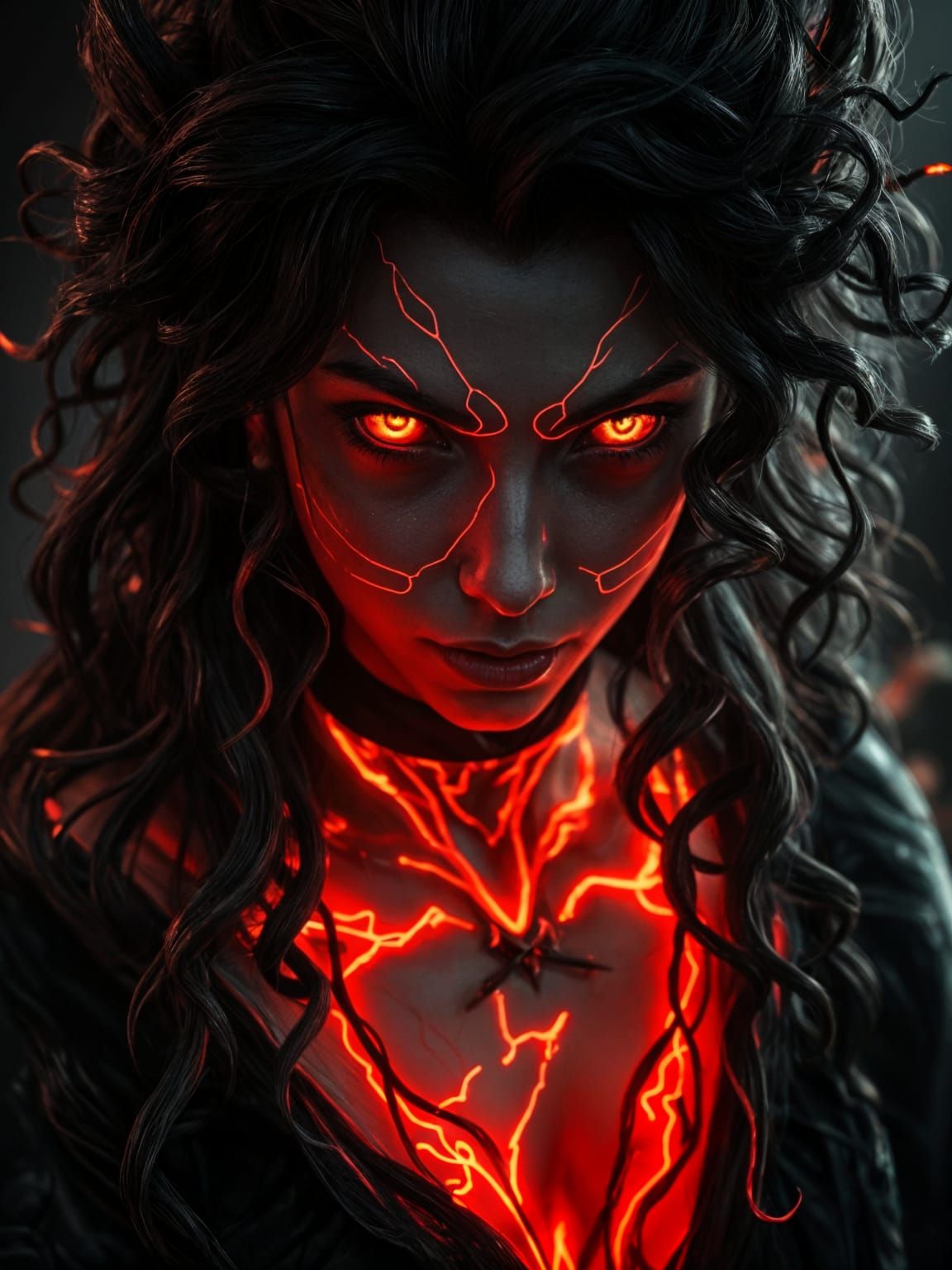 Powerful Enchantress with Glowing Veins, Digital Illustratio...