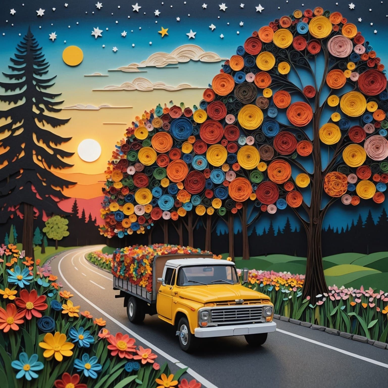 Truck at Sunset: Photorealistic Quilling Collage Art