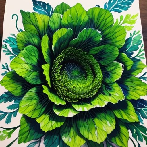 Man in Lettuce Cabbage Hat, Alcohol Ink Art