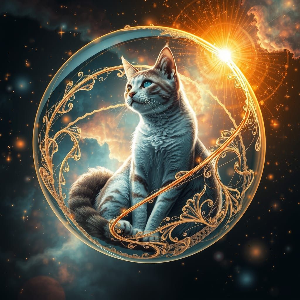 Cat in Glowing Orb Soaring Through Nebula
