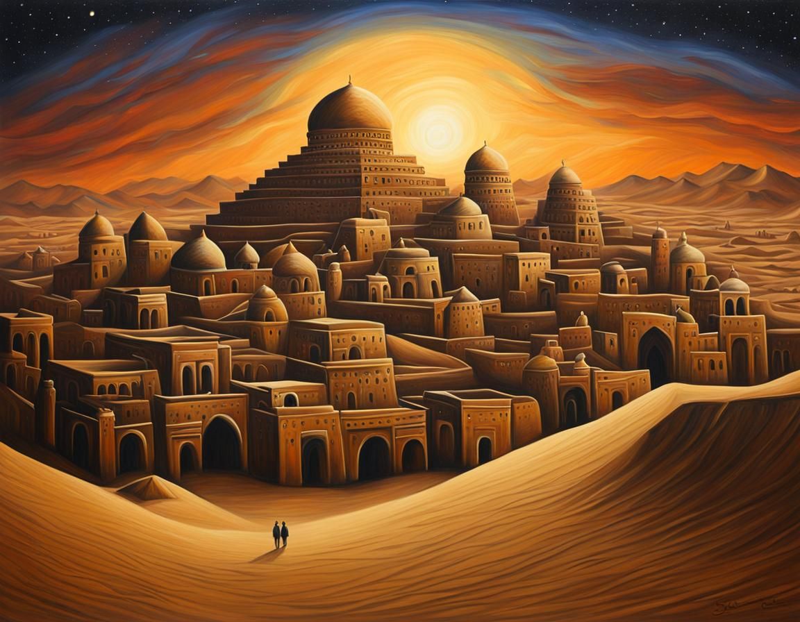 Nighttime: Sand-Covered Ancient Desert City in Oils
