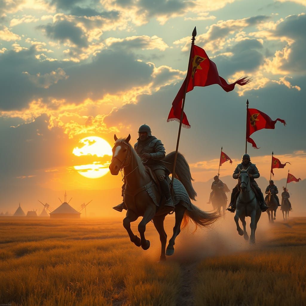 Mongol Empire Warriors Charging at Sunset