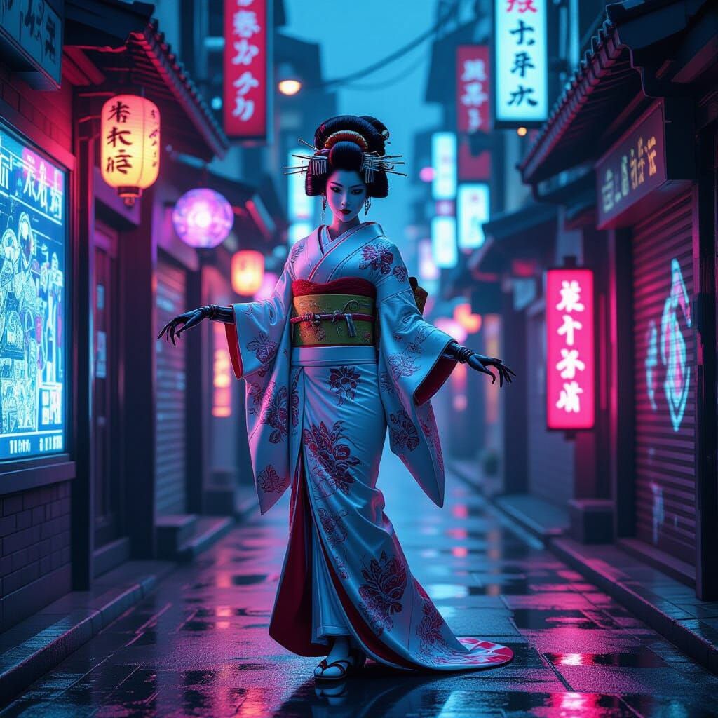 Cyberpunk Geisha Dances in Neon Alleyway