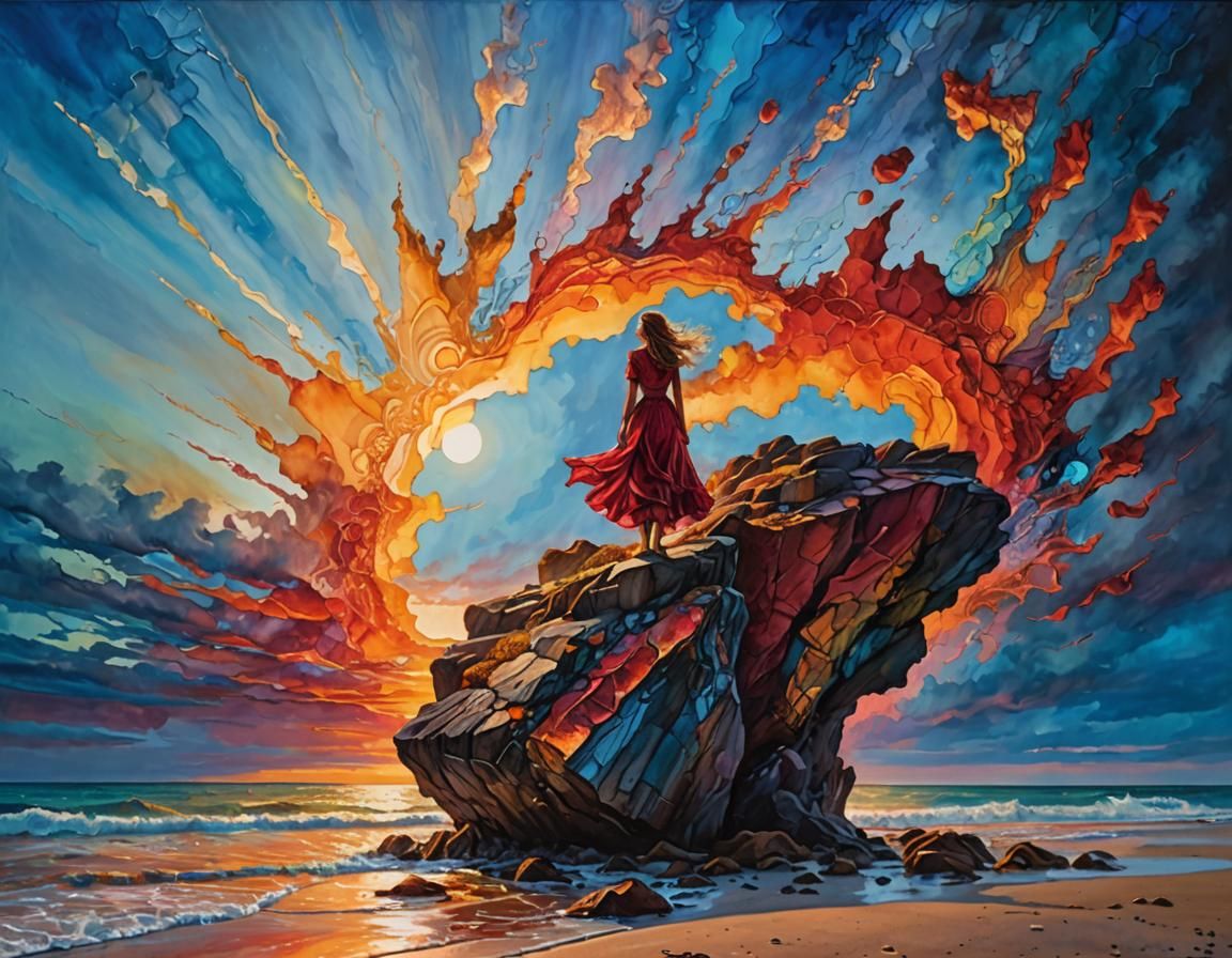 Woman Gazing at Sunset on Rocky Beach in Lyrical Abstraction