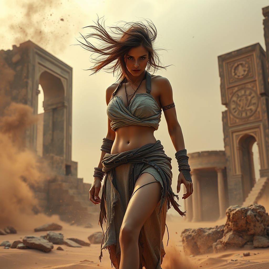 Fierce Desert Warrior Exposed Amidst Ancient Ruins in Cyberp...