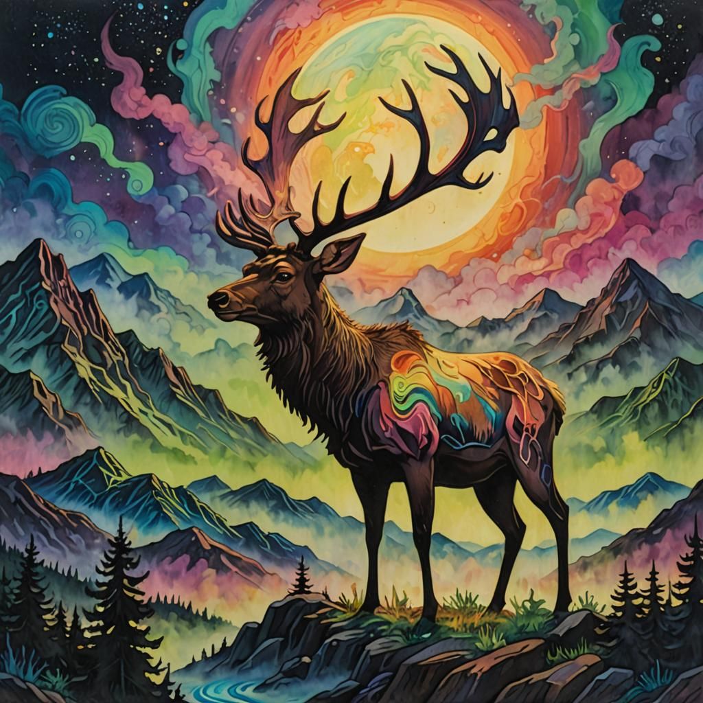 Colorful Elk in Surreal Graffiti Shadowbox