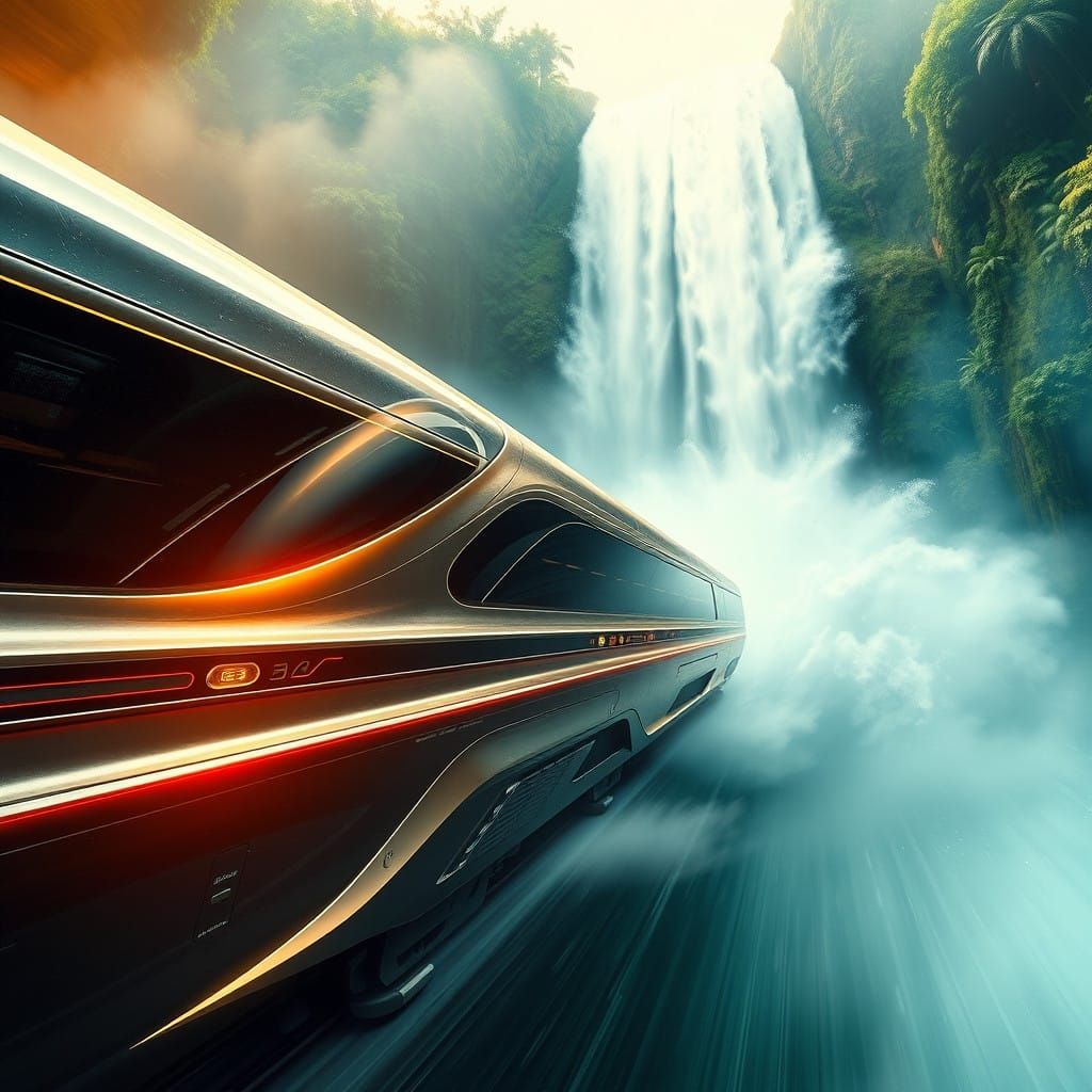 Futuristic Train Speeds Past Majestic Waterfall in Hyperreal...