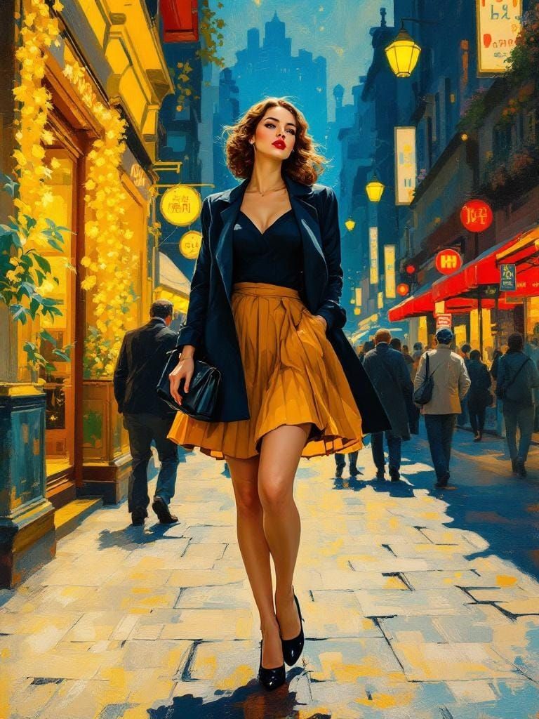 Pin Up Woman in Amber Skirt on Cobblestone Street