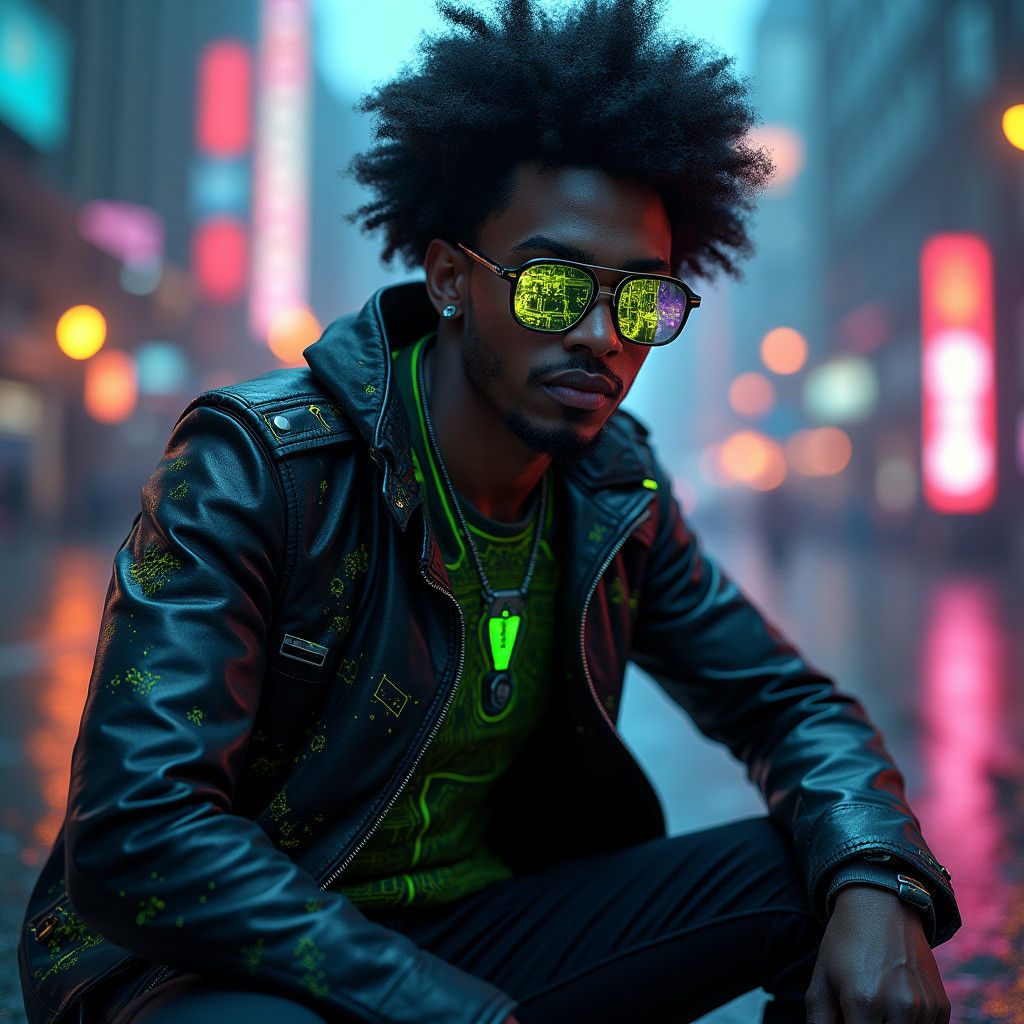 Cyberpunk Black Man with Afro in Dystopian Cityscape