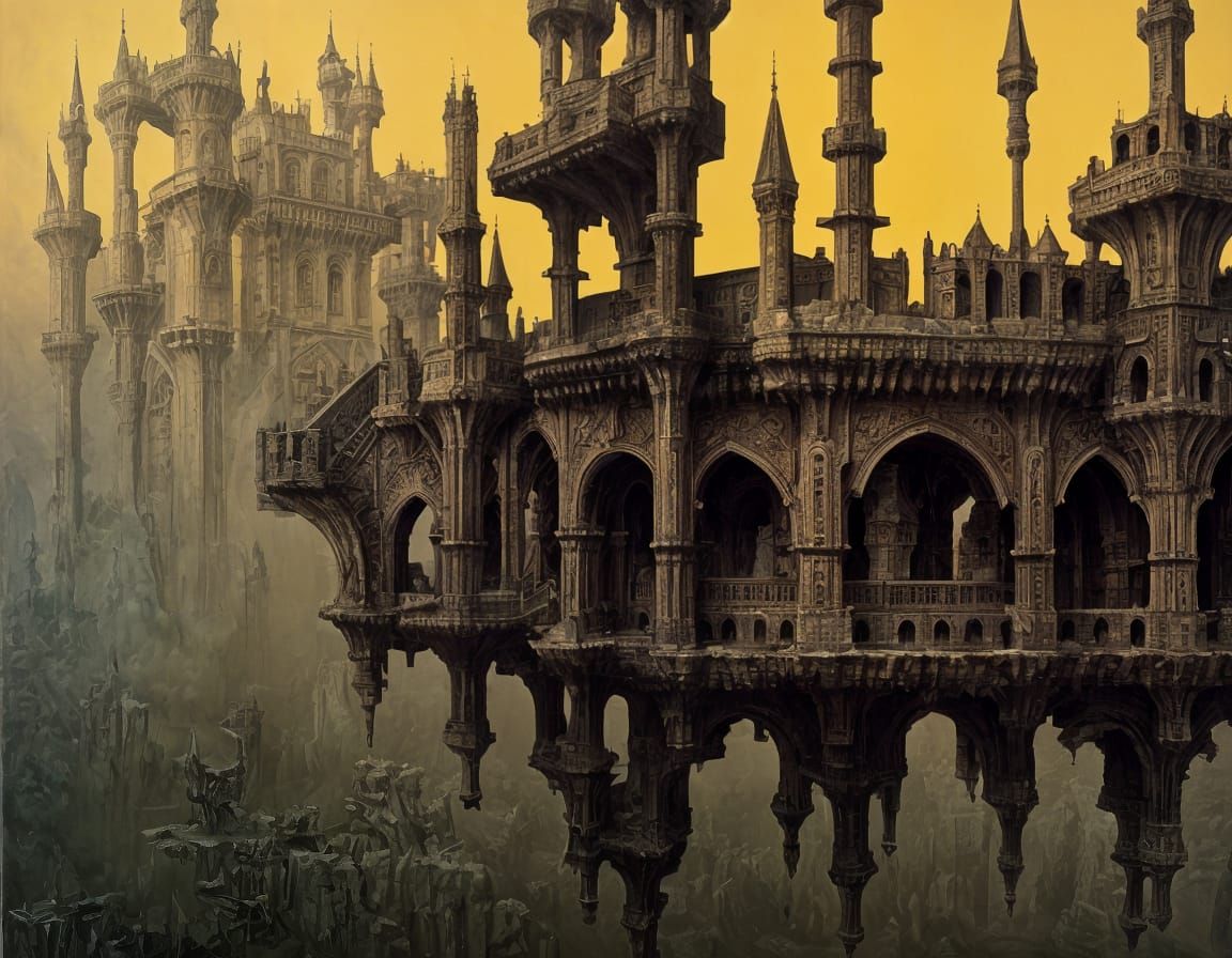 Ethereal Castle Sails Above Surreal Landscape