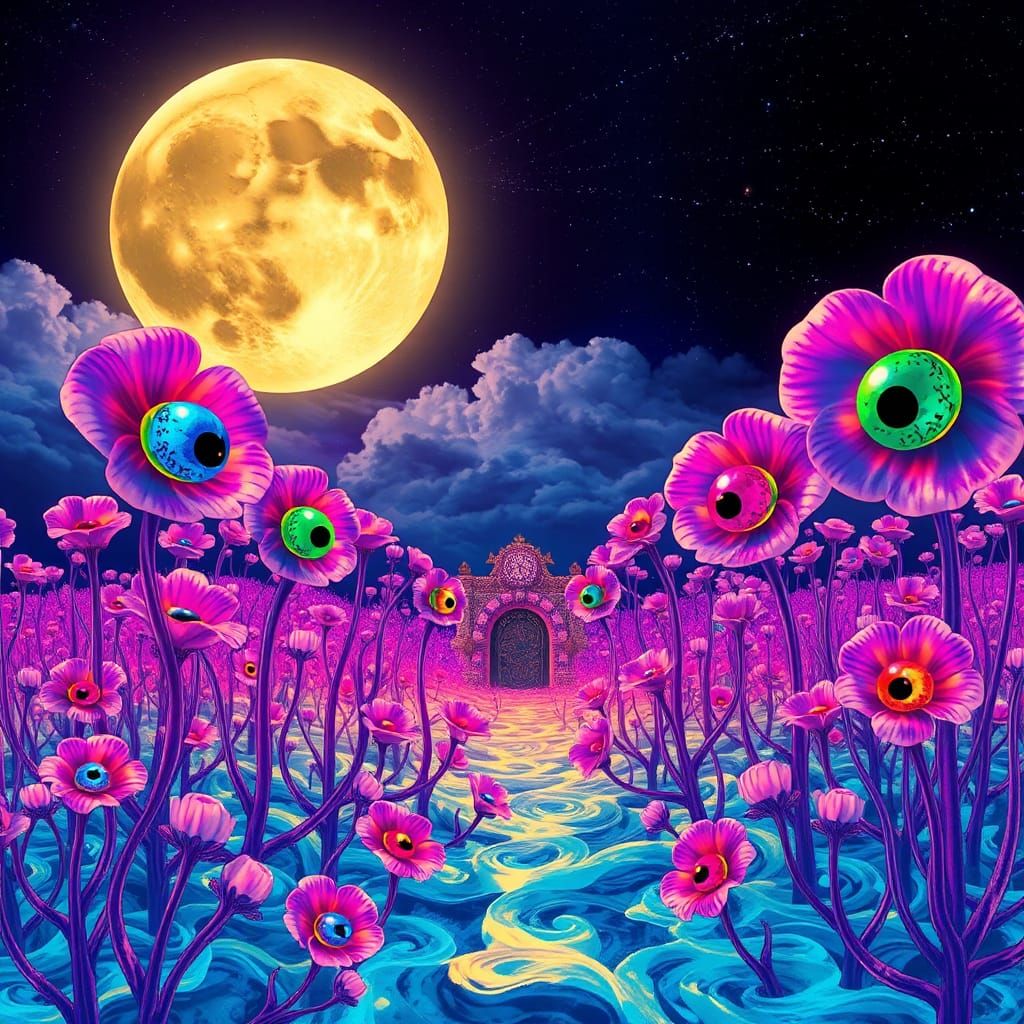 Psychedelic Eyeball Flowers Guard Submerged Door