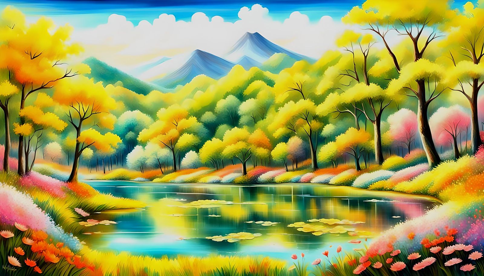 Lush Mountain Forest Scene with Vibrant Colors