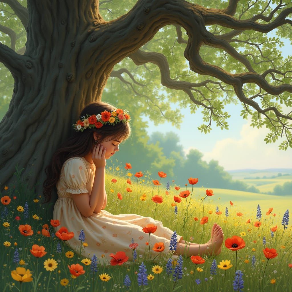 Whimsical Girl Under Oak Tree in Vibrant Wildflower Meadow