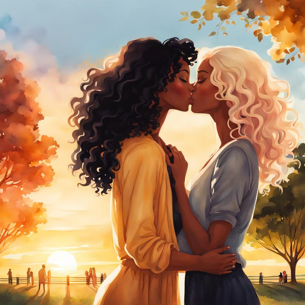 Women Kissing at Sunset in Watercolor Style