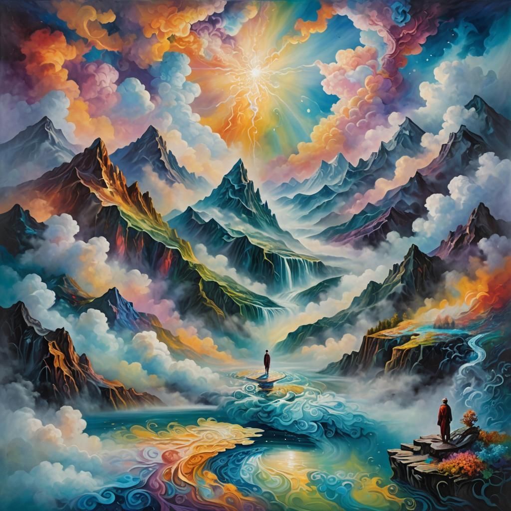 Surreal Dreamscape with Floating Figure in Oil Paint