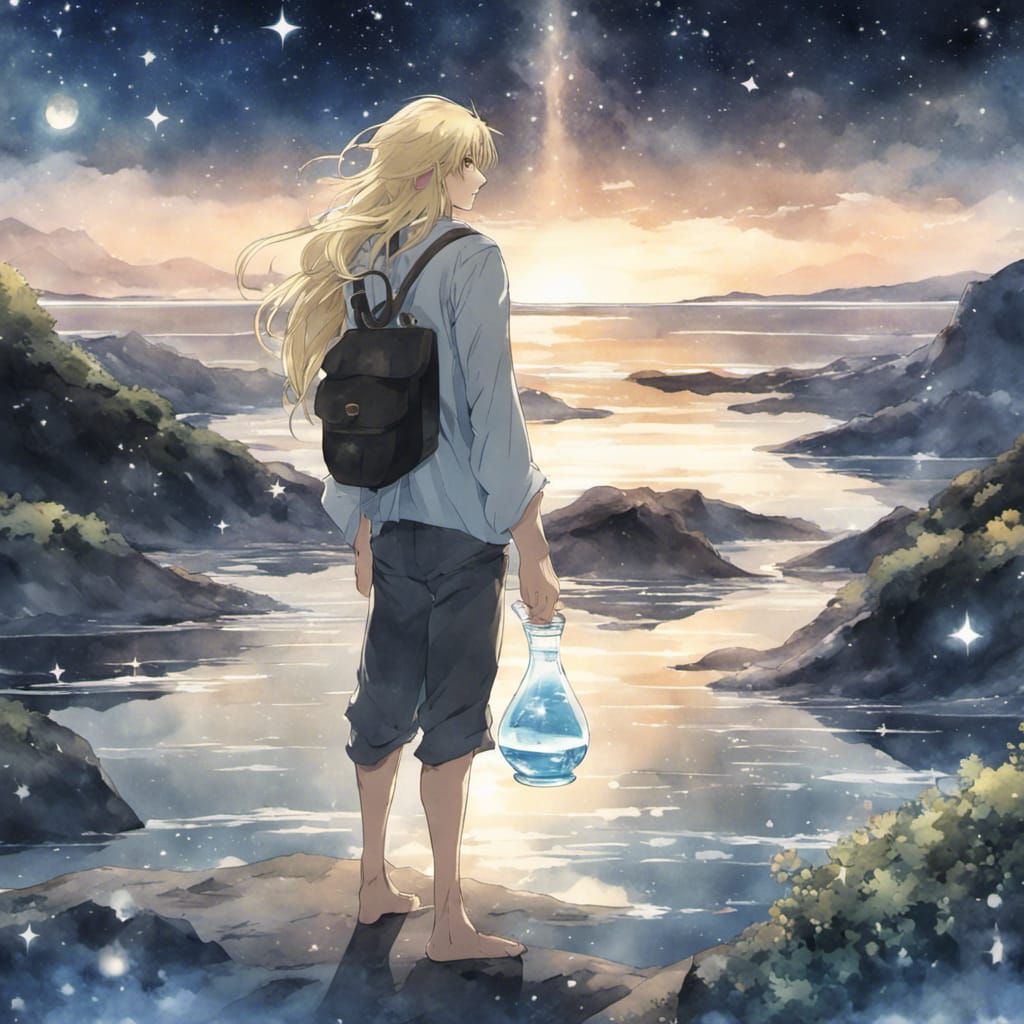 Anime Man Catches Stars in Watercolor Style