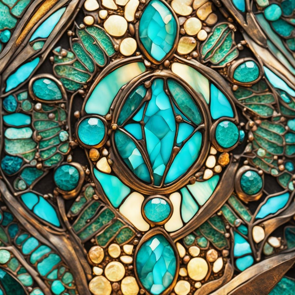 Glowing Turquoise Gemstones in Stained Glass Art