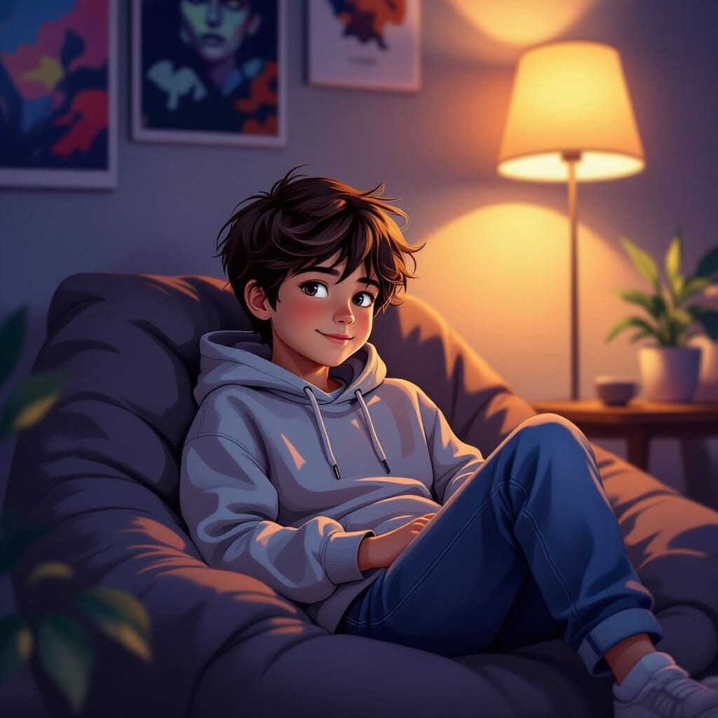 Cozy Room Scene: Boy Relaxing on Beanbag