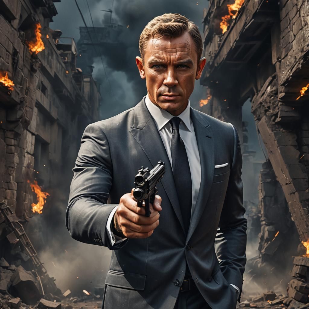 James Bond Portrait with Gun, Detailed Matte Painting