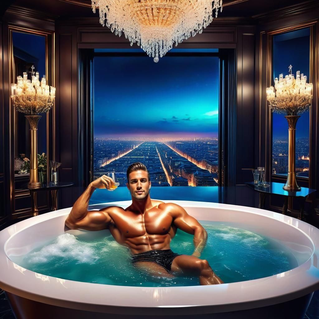 Soaking in the jacuzzi while sippin' on whiskey in his penthouse suite
