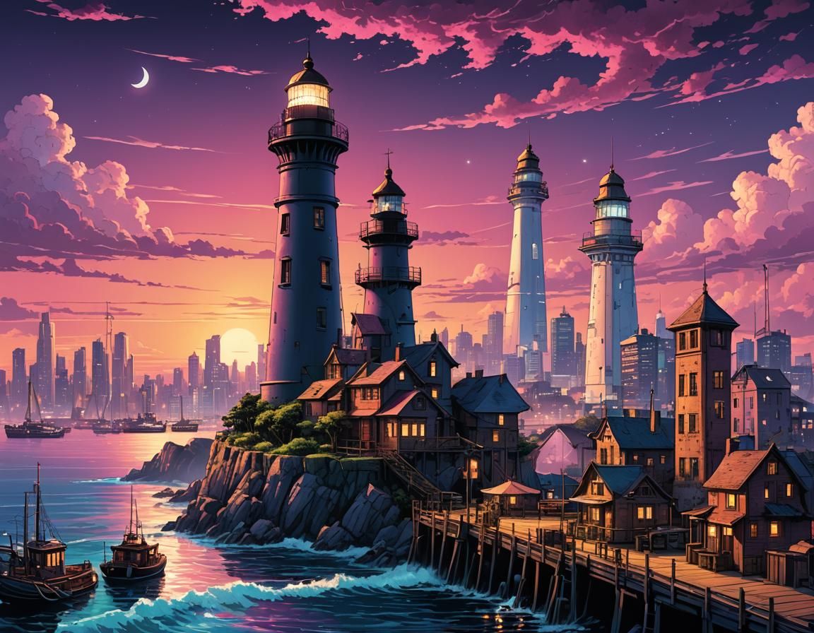Vaporwave Lighthouse Overlooking Steampunk Cityscape