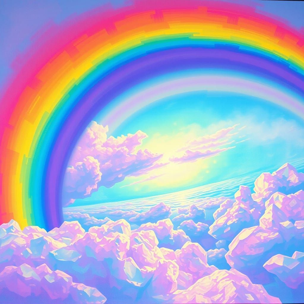 Vibrant Prismatic Rainbows Arc Across Shimmering Crystal Sky