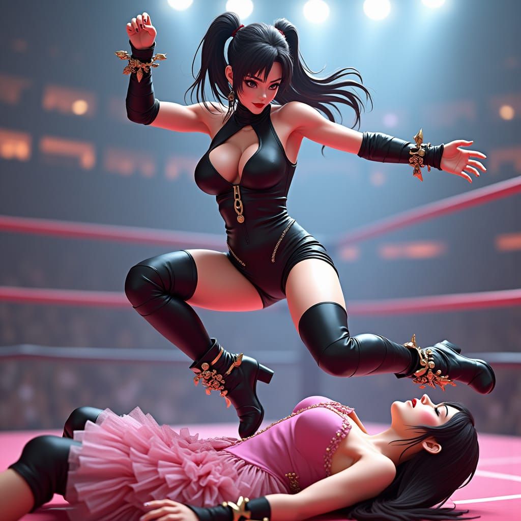 Female Wrestler Leaps in Anime Style 3D Render