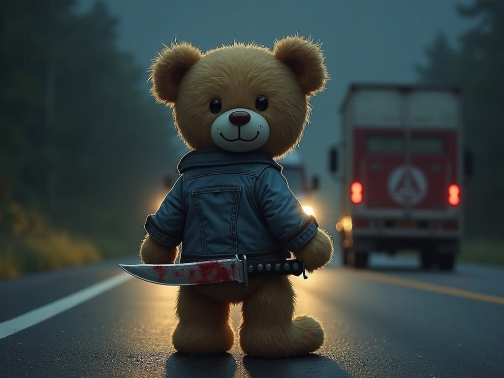 Sinister Teddy Bear Hitchhiker in Dramatic Chiaroscuro