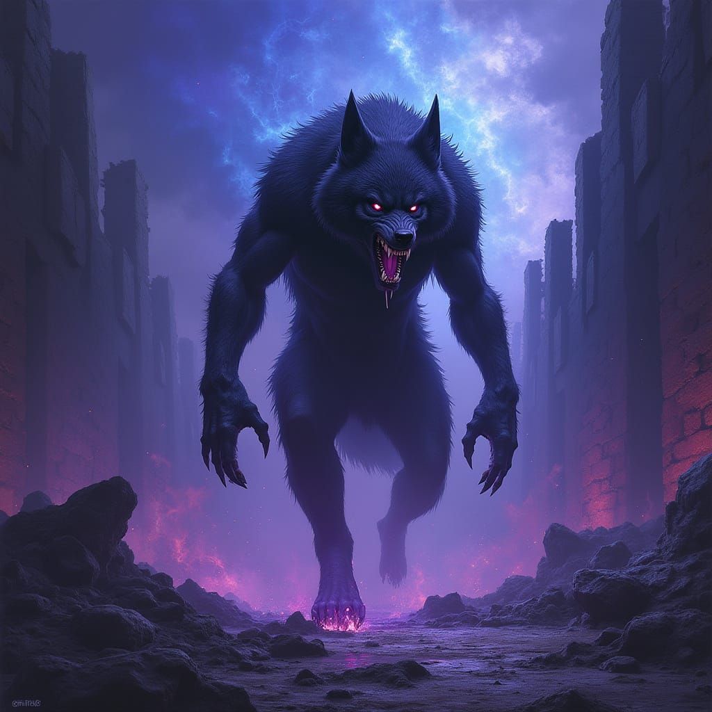 Werewolf Silhouetted Against Apocalyptic Flames in Dark Digi...