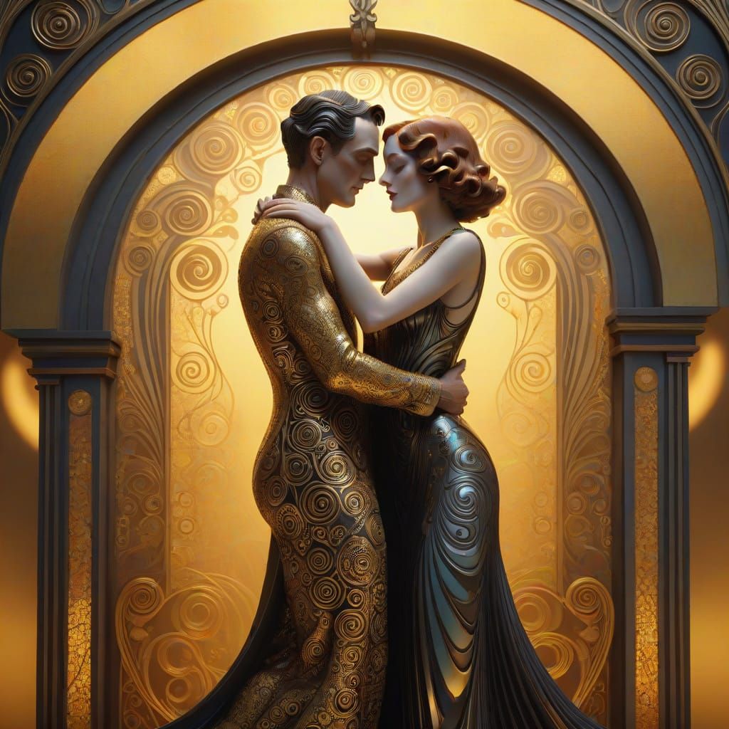 Elegant Art Deco Nouveau Sculpture of Embracing Couple in Go...