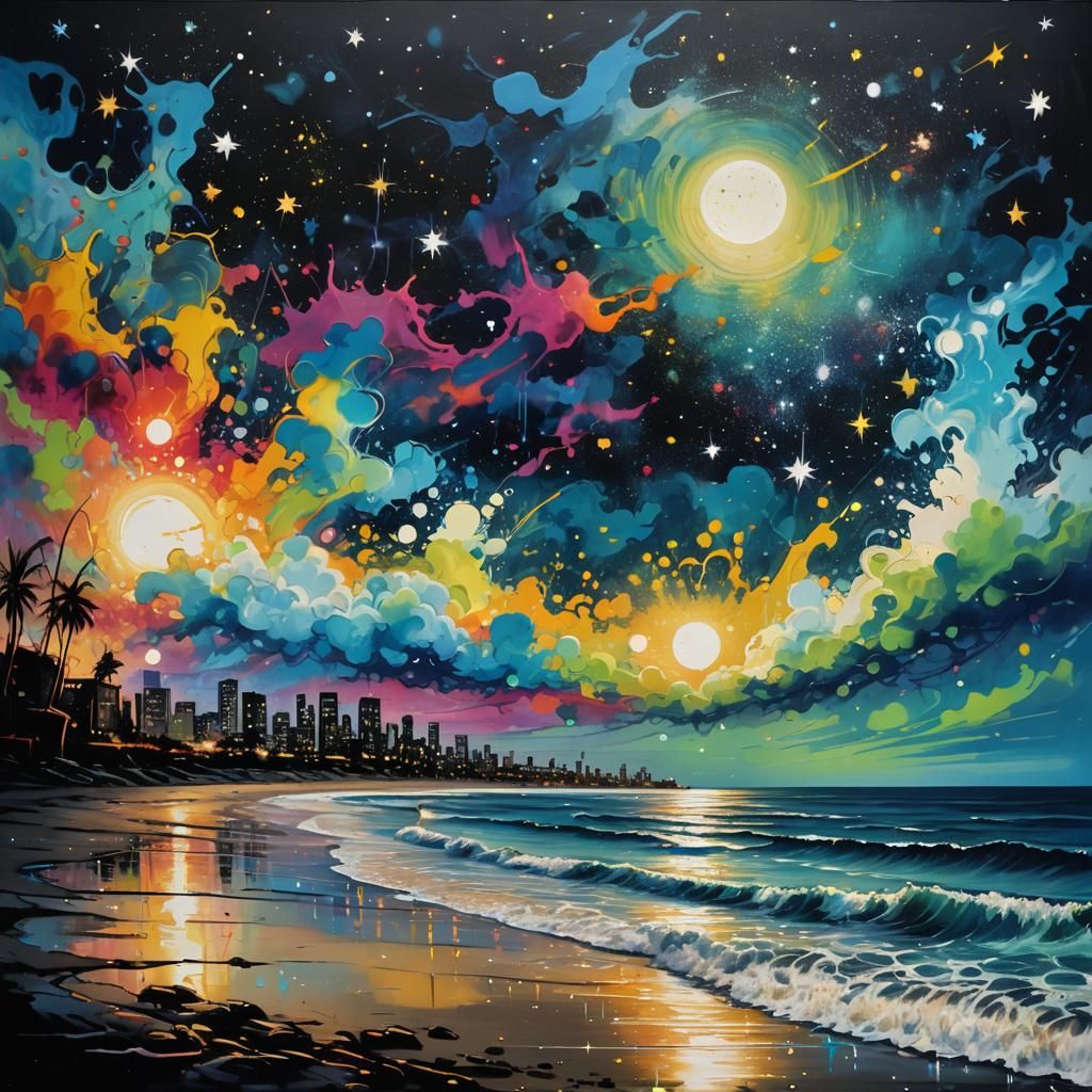 Starry Seascape with Gentle Waves in Graffiti Style