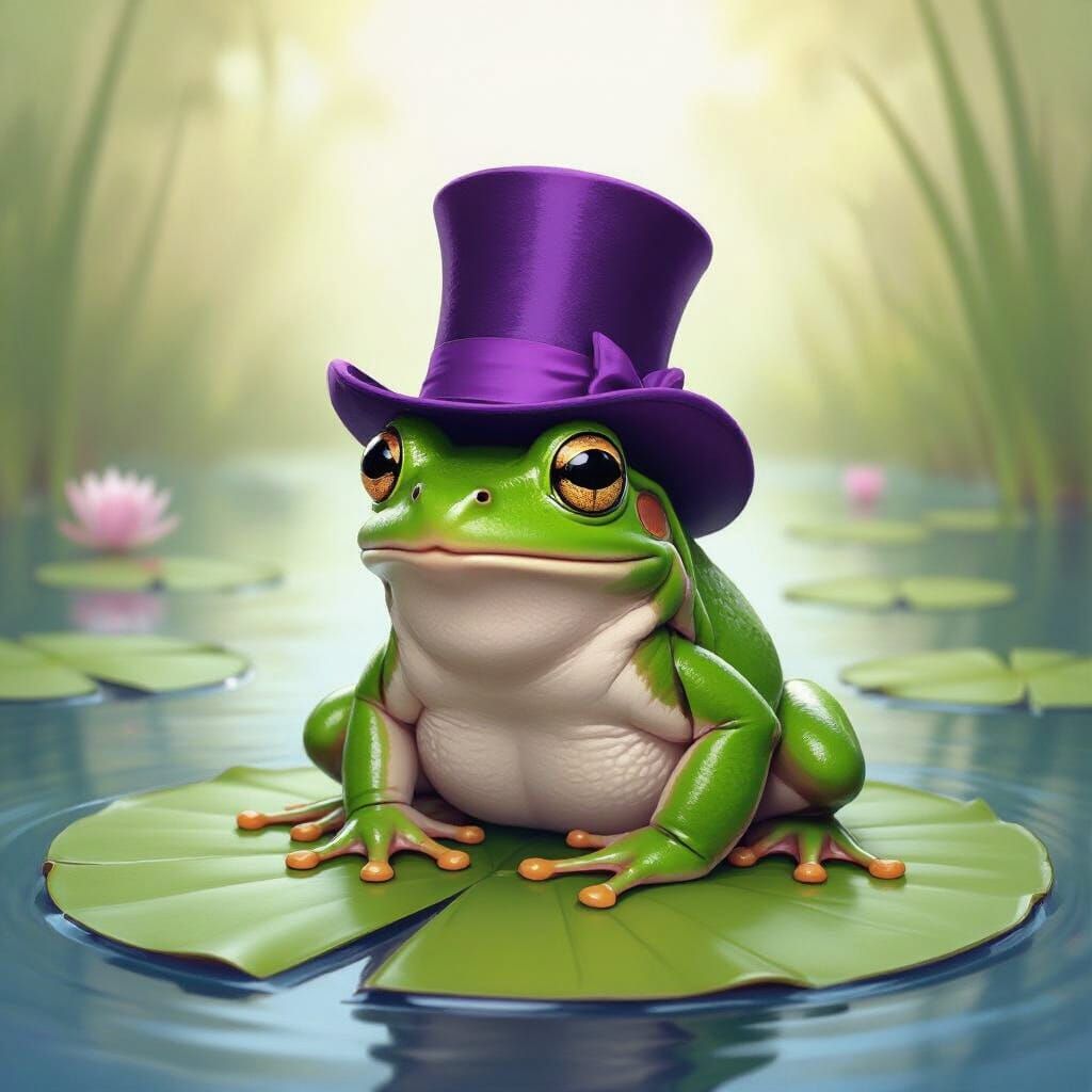 Frog in Purple Hat on Lily Pad, Whimsical Art