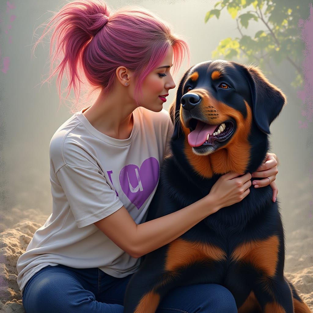 Radiant Goddess Embracing Joyful Canine Companion