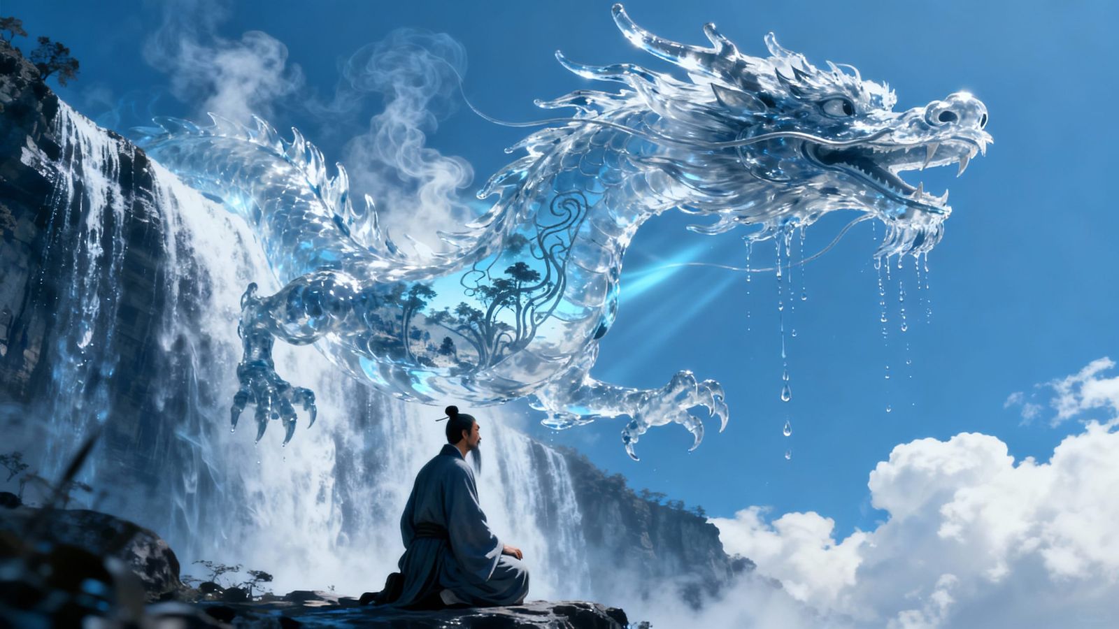 Monochromatic Water Dragon Ascends Waterfall