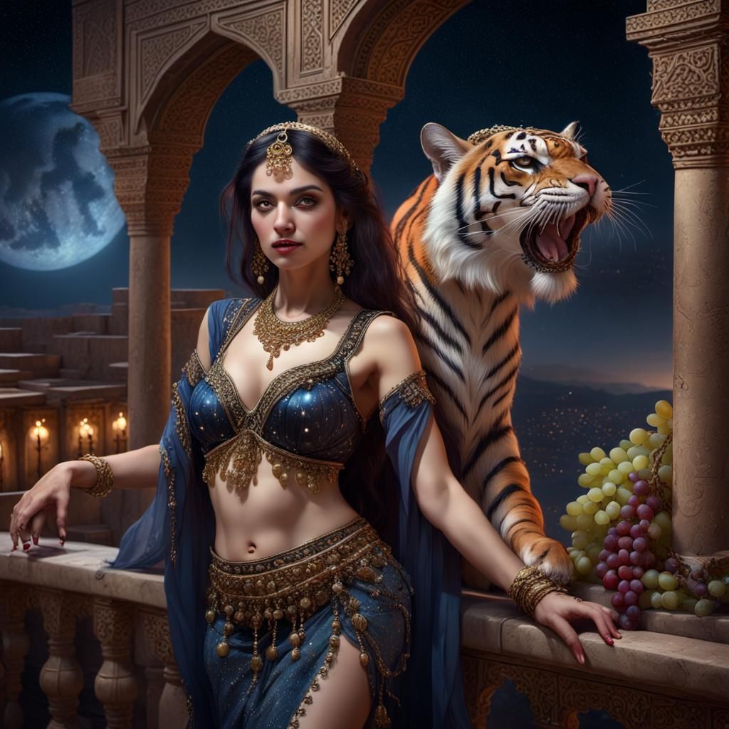 Persian Princess with Tiger Under Starry Sky