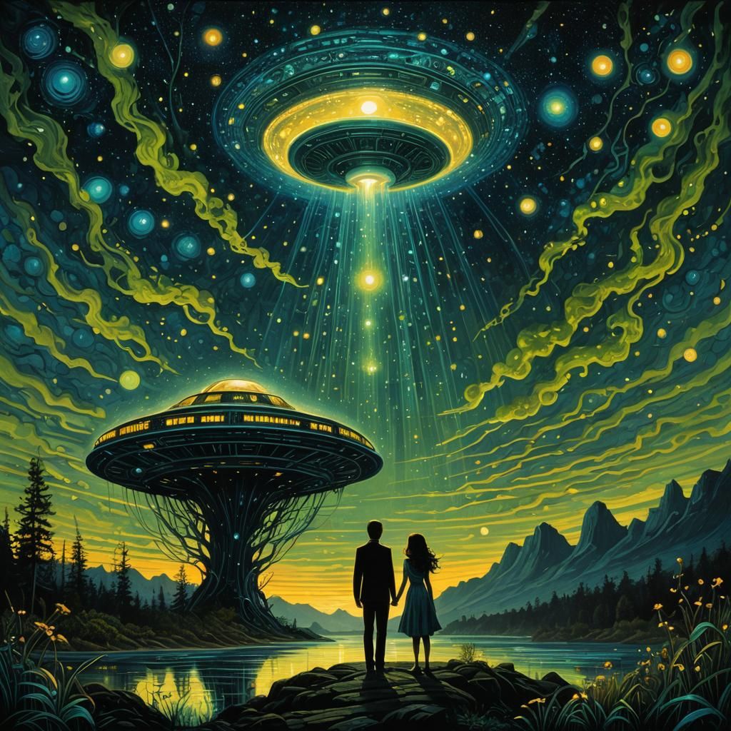 Bioluminescent UFO in Surreal Impasto Futurism