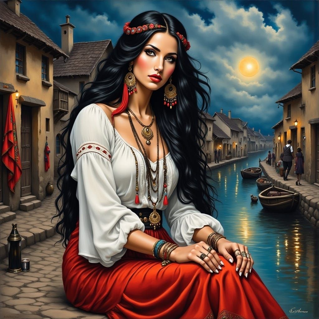 Gypsy Woman by Water in Antique Watercolor Style
