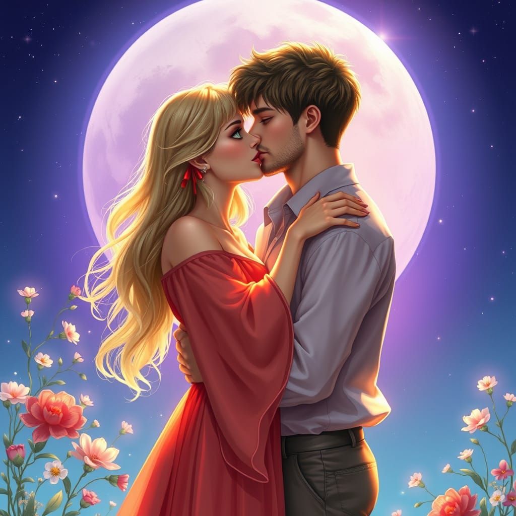 Lovers Kiss Under Ethereal Moonlit Sky