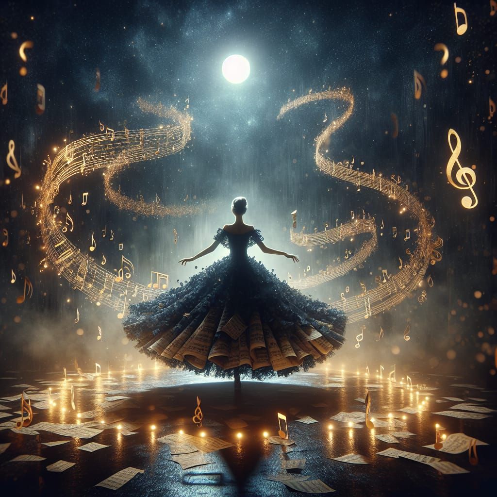 Ethereal Silhouette: Girl Dancing in Music Sheet Dress