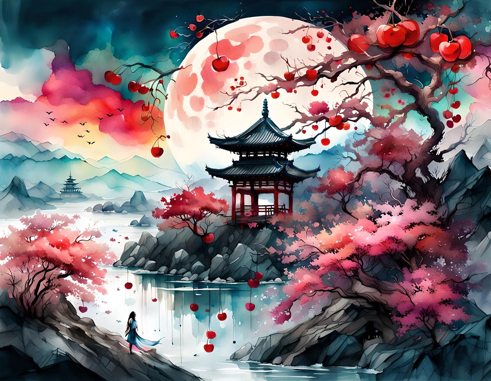 Cherry Moon Landscape: Asian Theme Watercolor Art