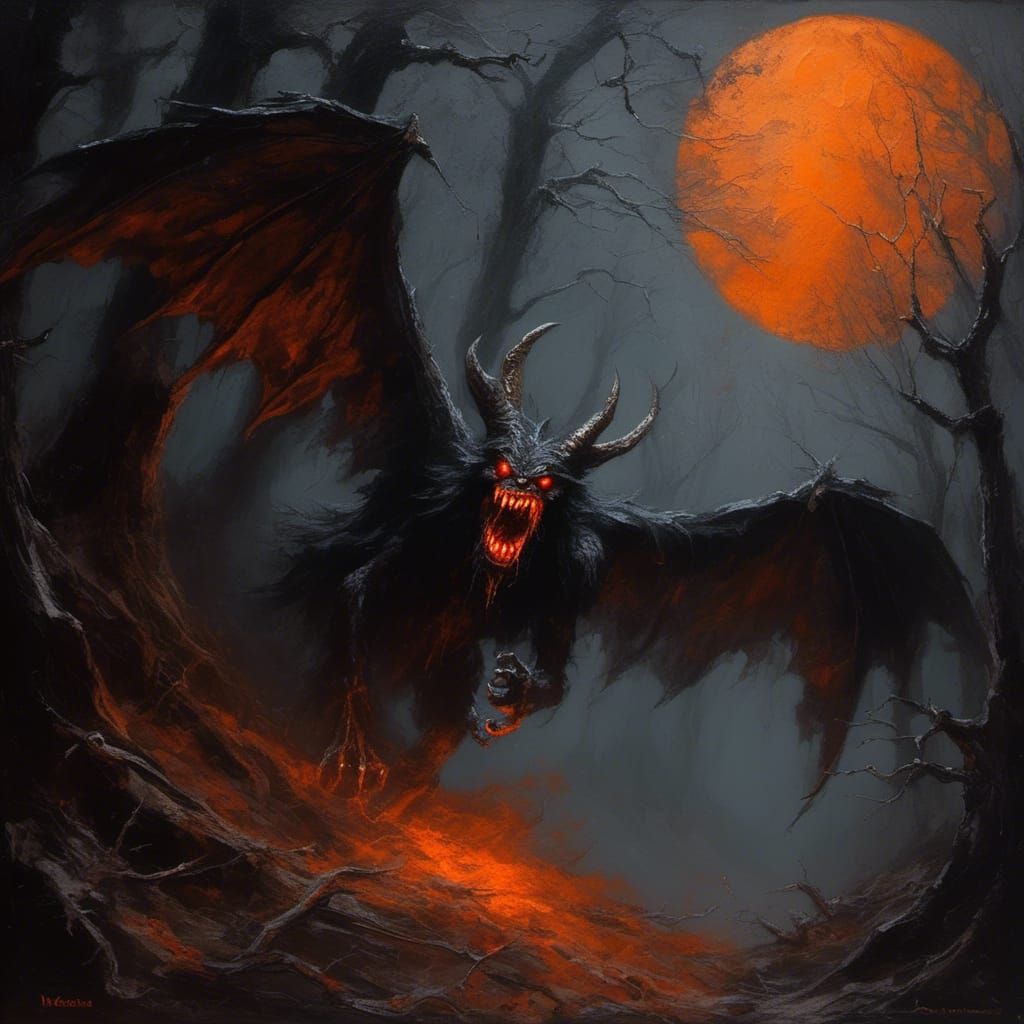 Winged Monster Awakening in Dark Forest, Impasto Gouache