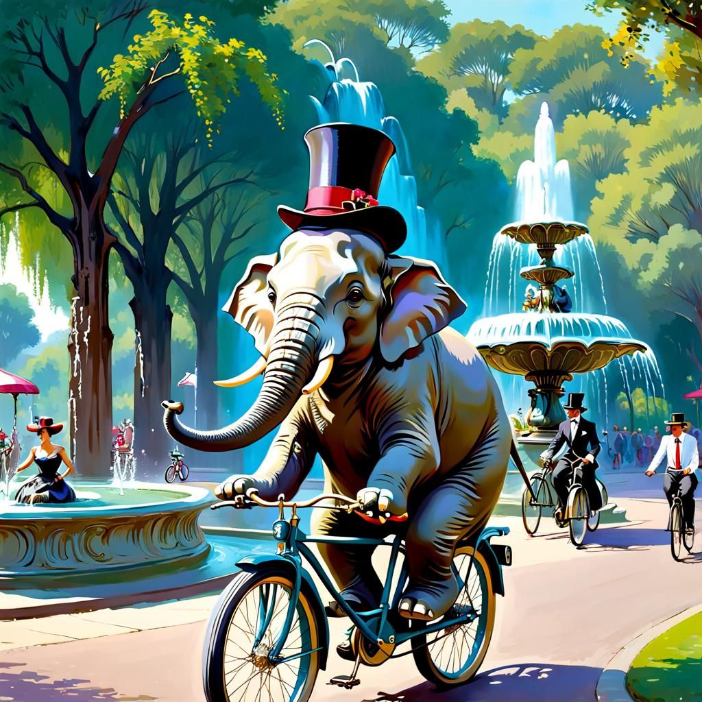 Whimsical Elephant on Bicycle, Surrealist Painting
