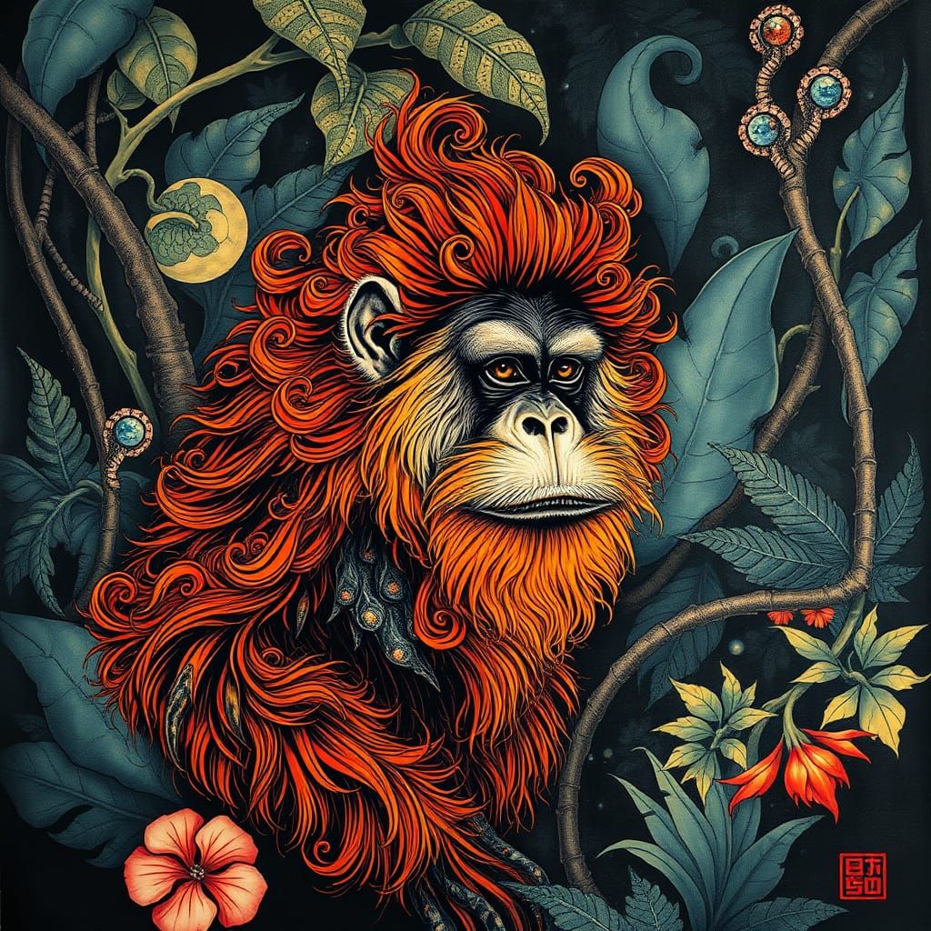 Dreamlike Orangutan in Vibrant, Psychedelic Jungle