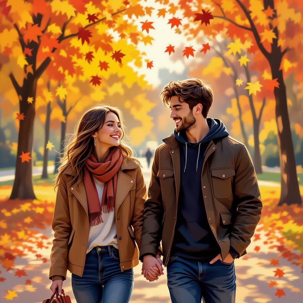 Couple Walking in Autumn Park as Impressionist Oil Painting