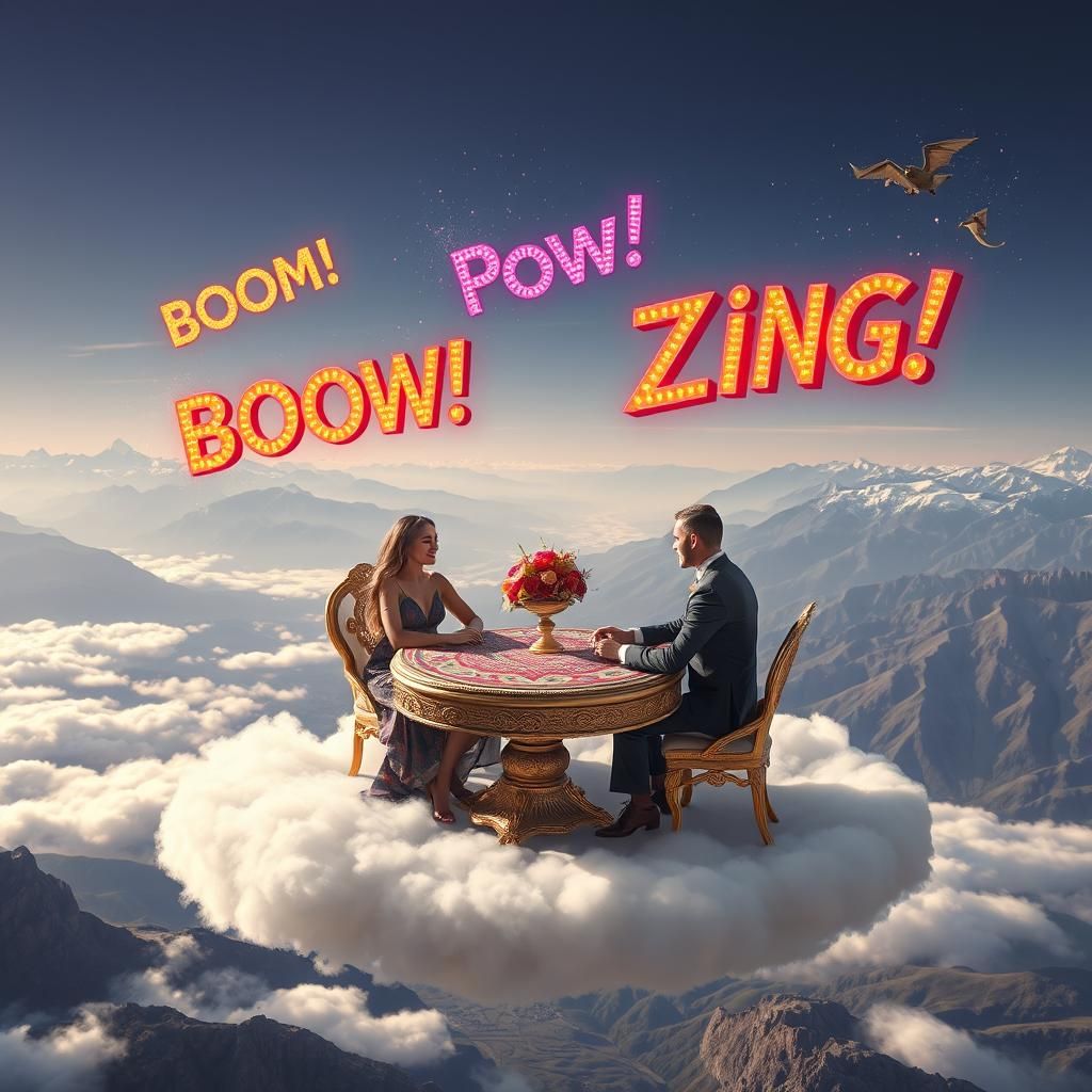 Couple on Cloud with Onomatopoeia, Hyper-Realistic Art