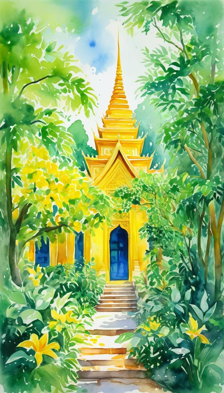 Sanam Liang Wat Phra Kare, dynamic yellow tones, the scene is shrouded in a peaceful atmosphere, it reflects the vibrant...