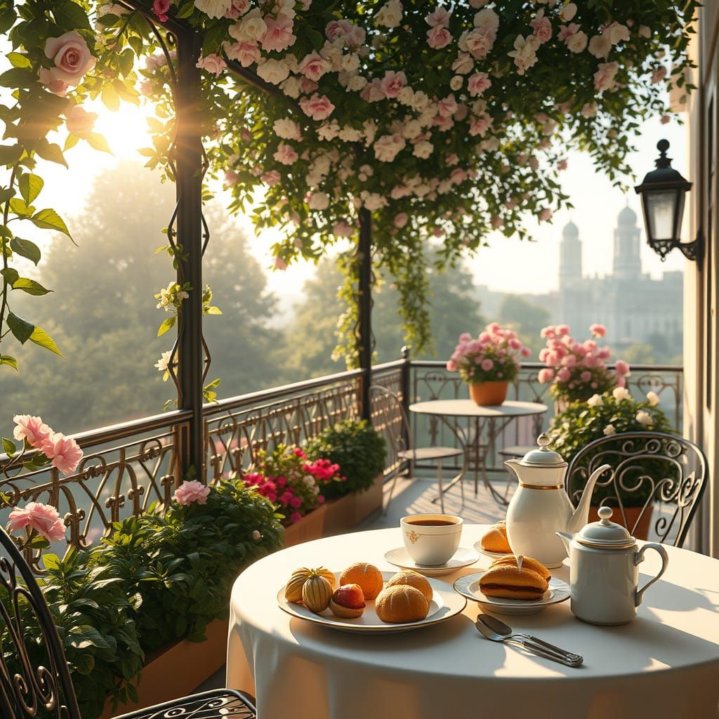 Whimsical French Breakfast on a Lush Outdoor Patio, in High-...